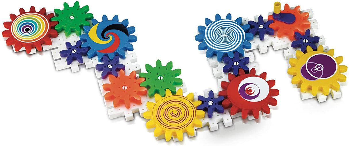 Kaleido Gears colorful interlocking gears with spiral stickers on white base pieces for creative spinning play.