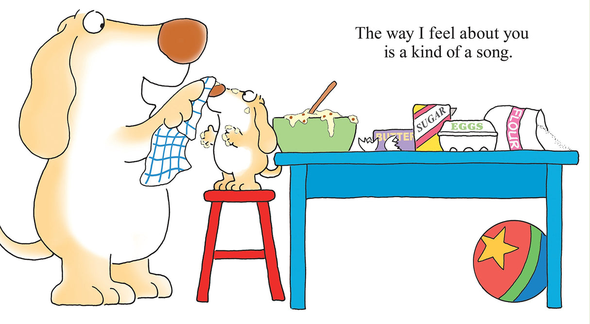 Illustration from Snuggle Puppy showing a dog and puppy baking together with ingredients and a colorful ball nearby.