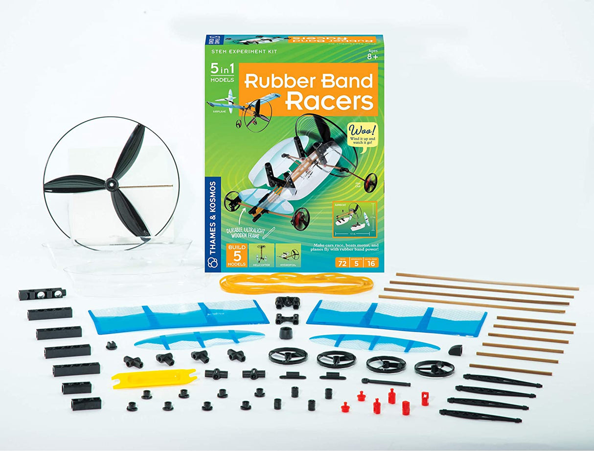 Rubberband Racers kit with parts to build five rubber band powered models including helicopter and car.