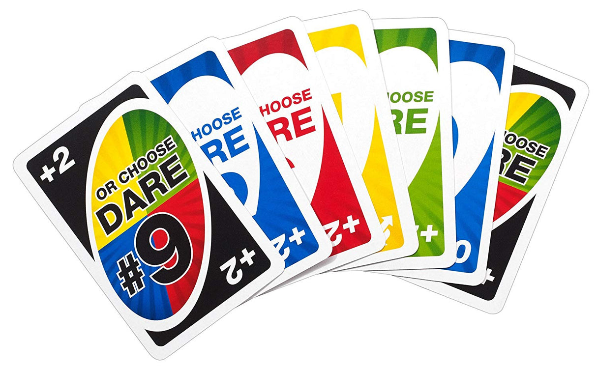 Uno Dare playing cards fanned out showing colorful action and number cards for the daring card game.