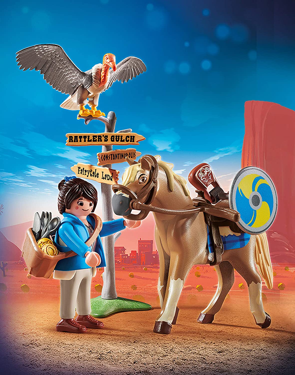 Playmobil:The Movie Marla with Horse figure in blue cardigan with horse and adventure accessories in desert scene.