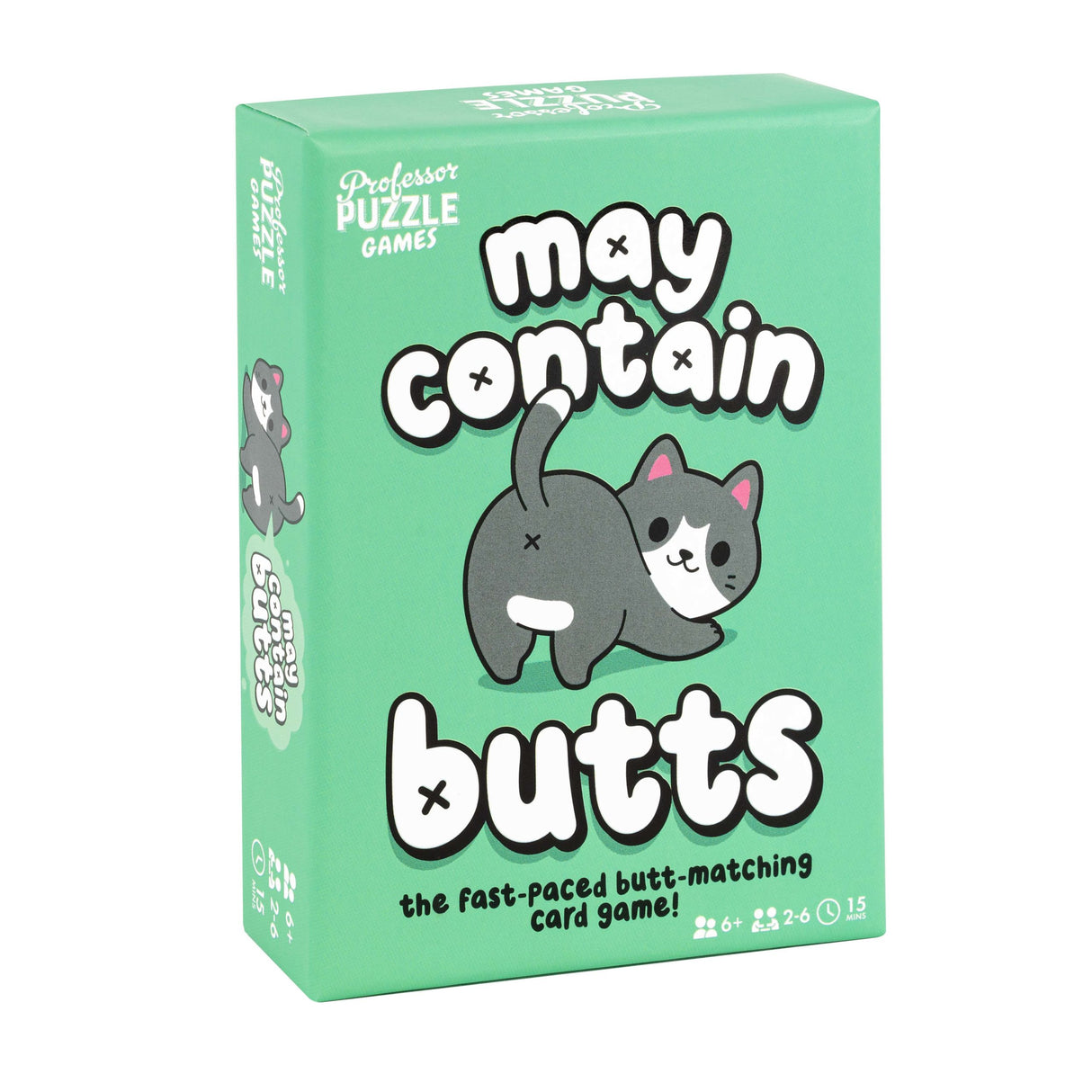 May Contain Butts card game box featuring a playful cat illustration on a green background, fast-paced matching fun.