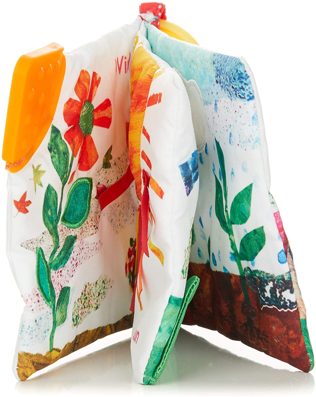 Eric Carle | The Tiny Seed Soft Book with colorful fabric pages, crinkly sounds, and a textured teether attached.