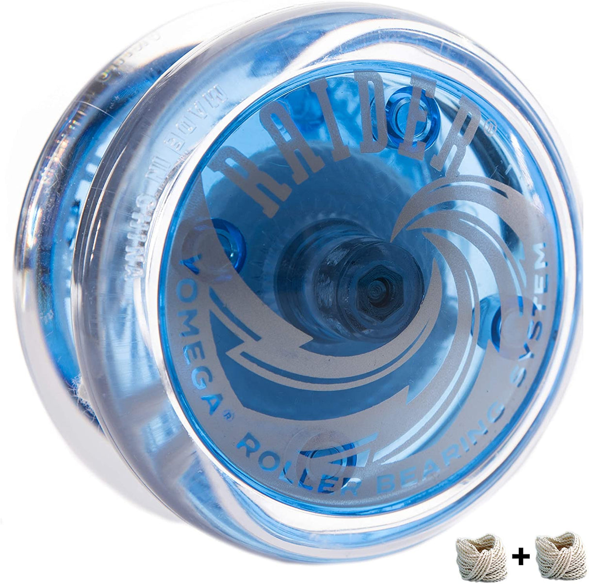 Blue translucent yo-yo with Raider branding and precision ball bearing axle system, Yoyo | Raider for advanced players.