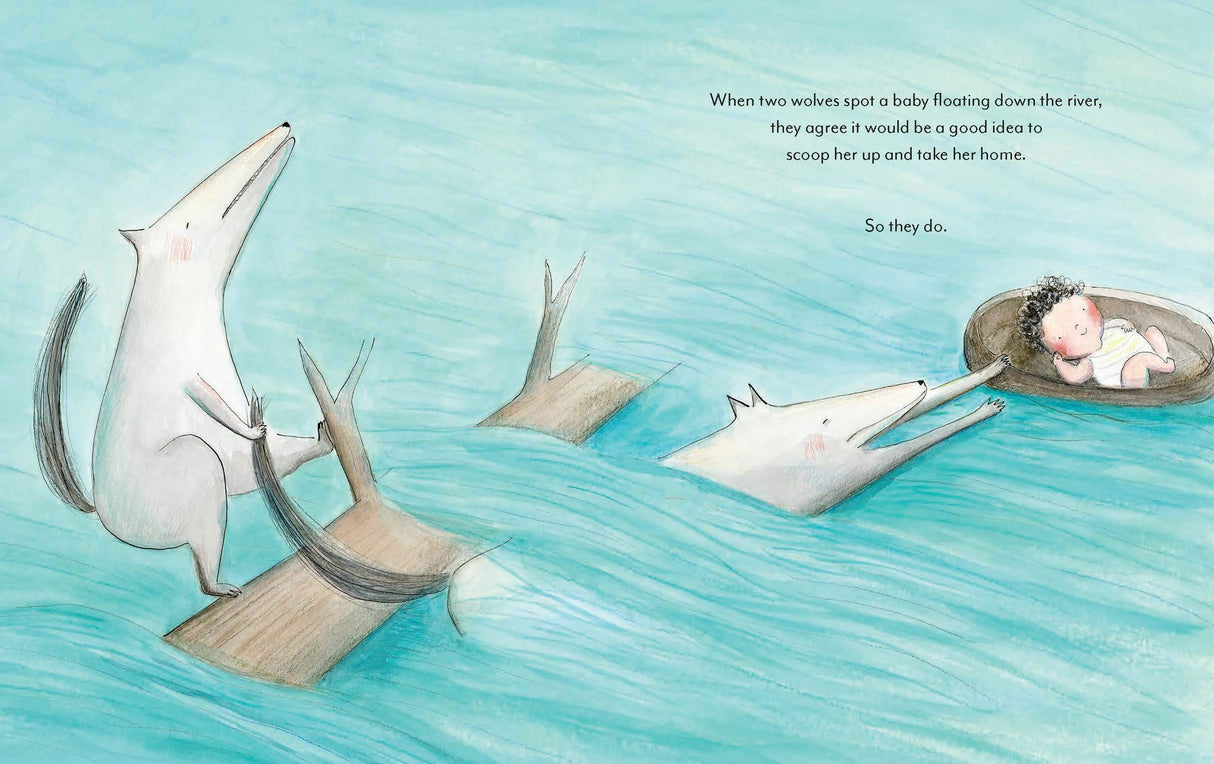 Over the Moon illustration showing two wolves rescuing a baby floating down a river in a log and basket.