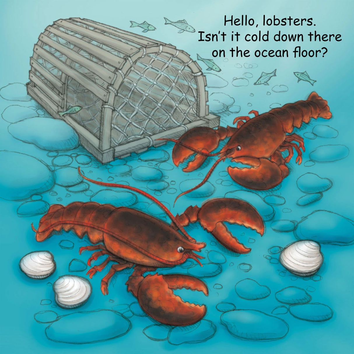 Good Night Maine board book illustration with lobsters, lobster trap, ocean floor, and sea shells in a friendly underwater scene.