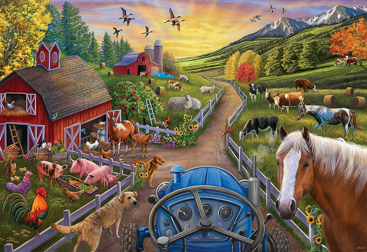 24pc My First Farm Puzzle showing a vibrant farm scene with animals, a tractor, barn, and scenic mountains at sunrise.