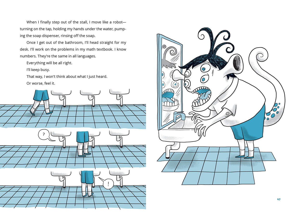 Pie in the Sky illustration of a boy transforming into a monster-like figure in a school bathroom mirror.