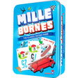 Mille Bornes classic racing game in a blue tin featuring illustrated game cards including flat tire and speed limit cards.