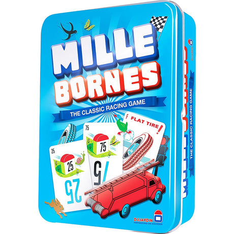 Mille Bornes classic racing game in a blue tin featuring illustrated game cards including flat tire and speed limit cards.
