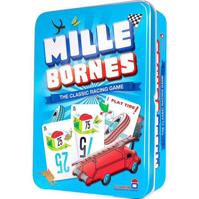 Mille Bornes classic racing game in a blue tin featuring illustrated game cards including flat tire and speed limit cards.