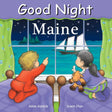 Good Night Maine board book cover with children watching a sailboat on a starry night through a window.