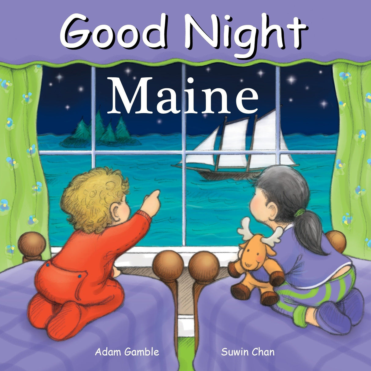 Good Night Maine board book cover with children watching a sailboat on a starry night through a window.