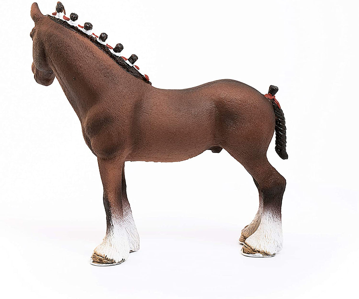 Clydesdale Gelding Horse model with brown coat and distinctive white feathering on legs, detailed mane braids.