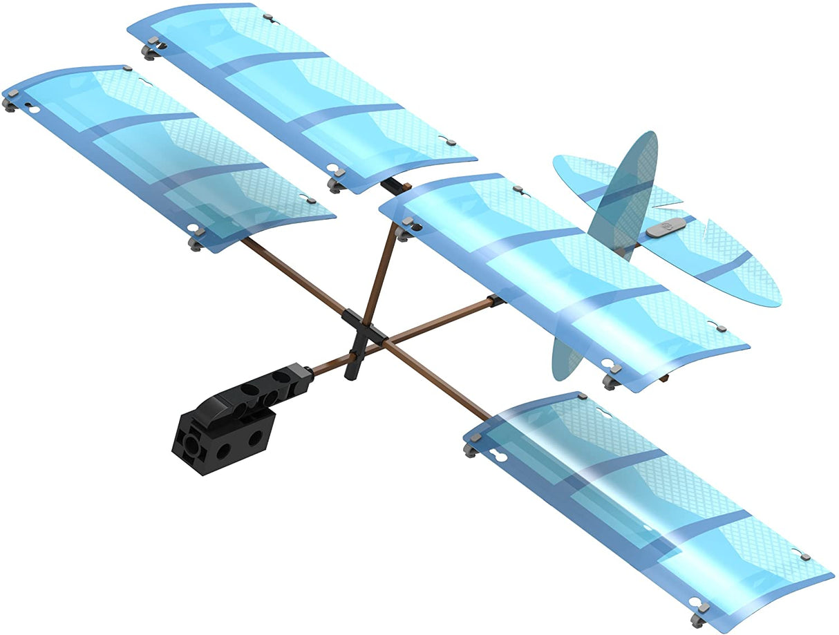 Ultralight Airplanes model with transparent blue wings and bamboo frame demonstrating plane wing design and lift.