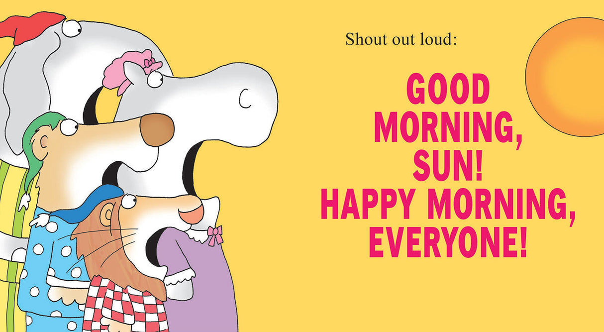 Illustration from Hey, Wake Up! showing cheerful animals greeting the bright sun with a friendly good morning message.