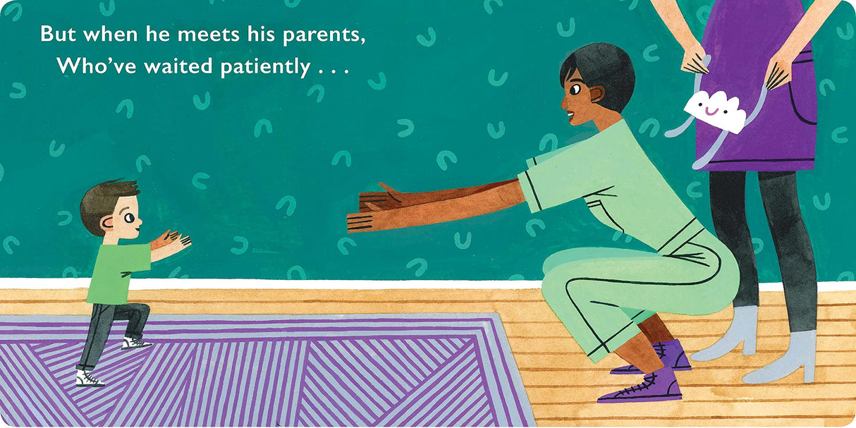 Illustration from Families Grow showing a child reaching for parents, celebrating family love and growth.