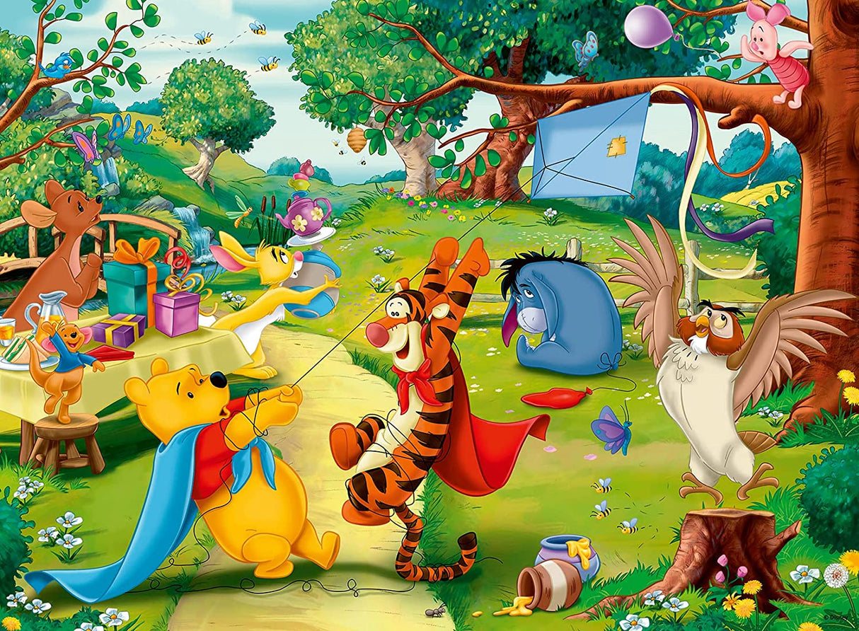 100pc Pooh to the Rescue Puzzle shows Pooh, Tigger, and friends in superhero capes rescuing Piglet from a tree with a kite.