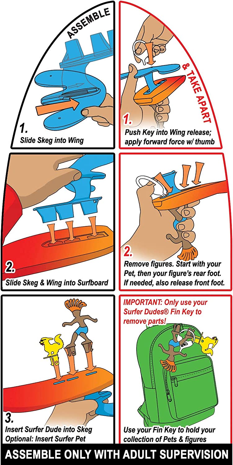 Surfer Dudes Legends assembly instructions showing how to attach skeg, wing, figures, and use fin key for the surf toy.