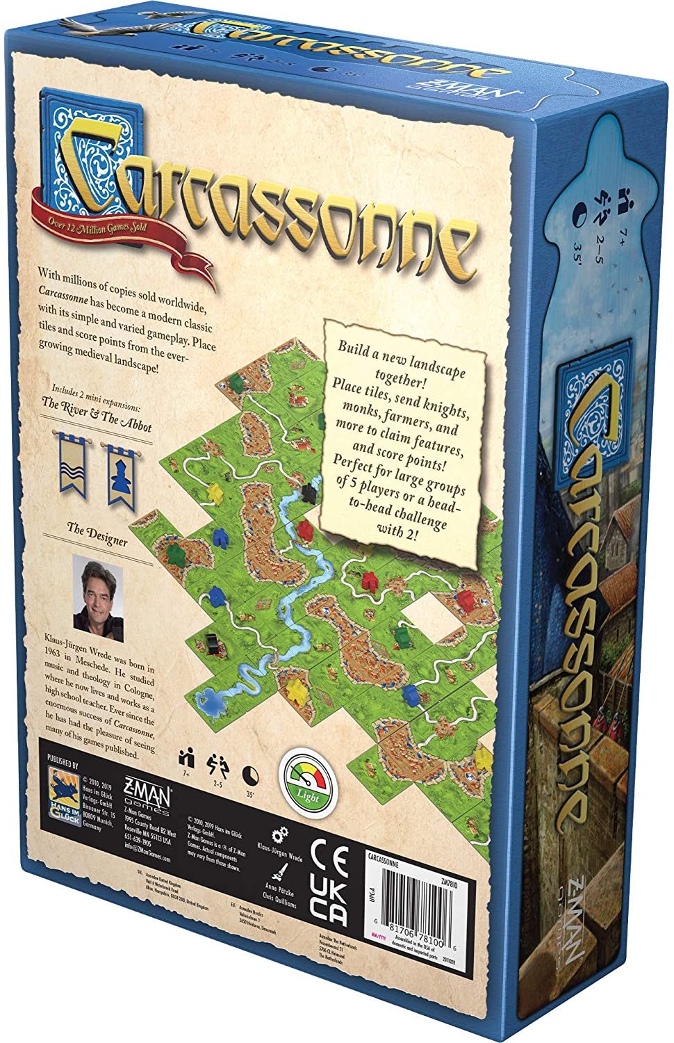 Carcassonne board game box showing medieval tile layout and game details for strategic tile placement.