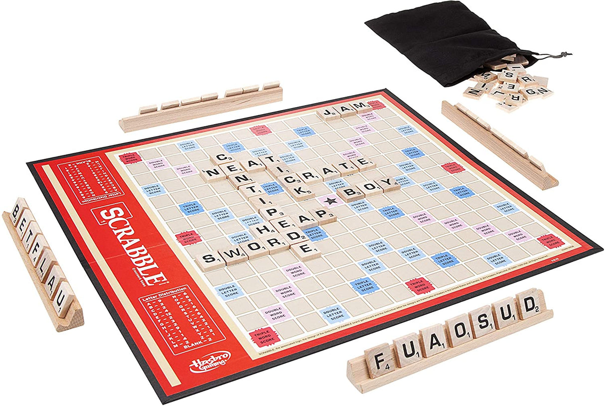Scrabble board game with wooden letter tiles, racks, and drawstring bag ready for 2-4 players in a classic word challenge.