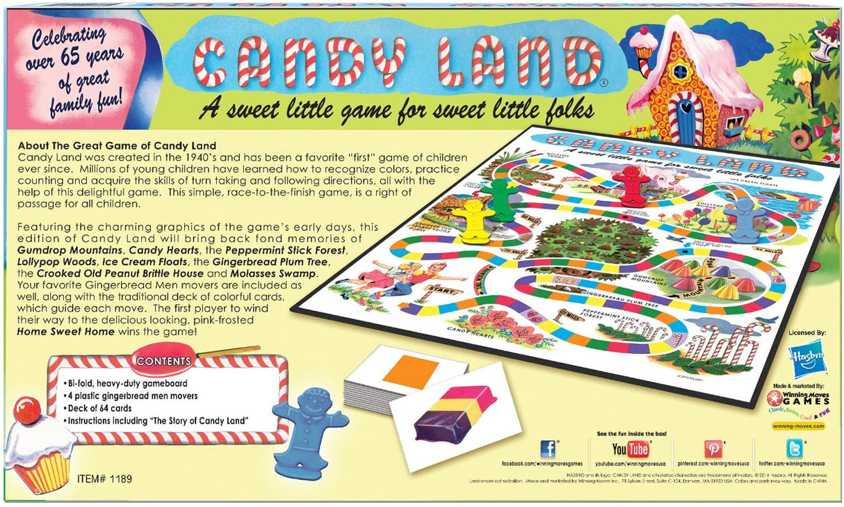 Candy Land classic edition with vintage gameboard, gingerbread men movers, cards, and instructions for family fun.