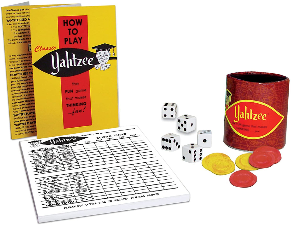 Classic Yahtzee game set with dice, scorecard, chips, and instruction booklet for family fun and strategy play.