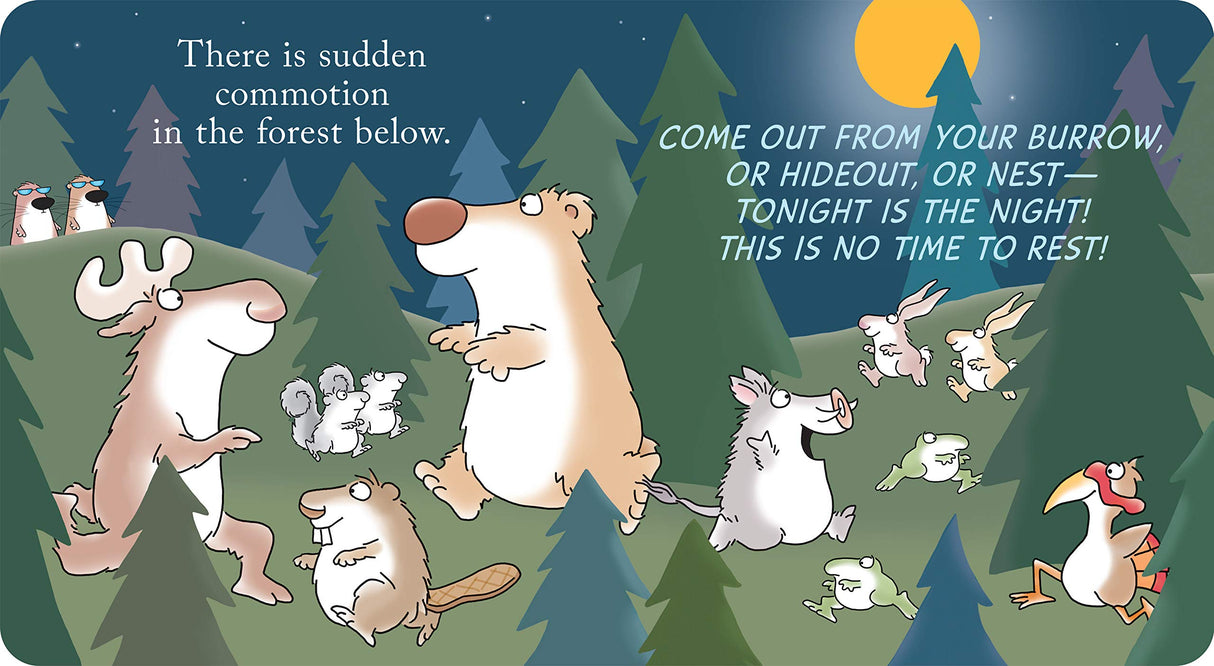 Woodland Dance illustration showing forest animals waking up under moonlight to join a lively woodland dance.
