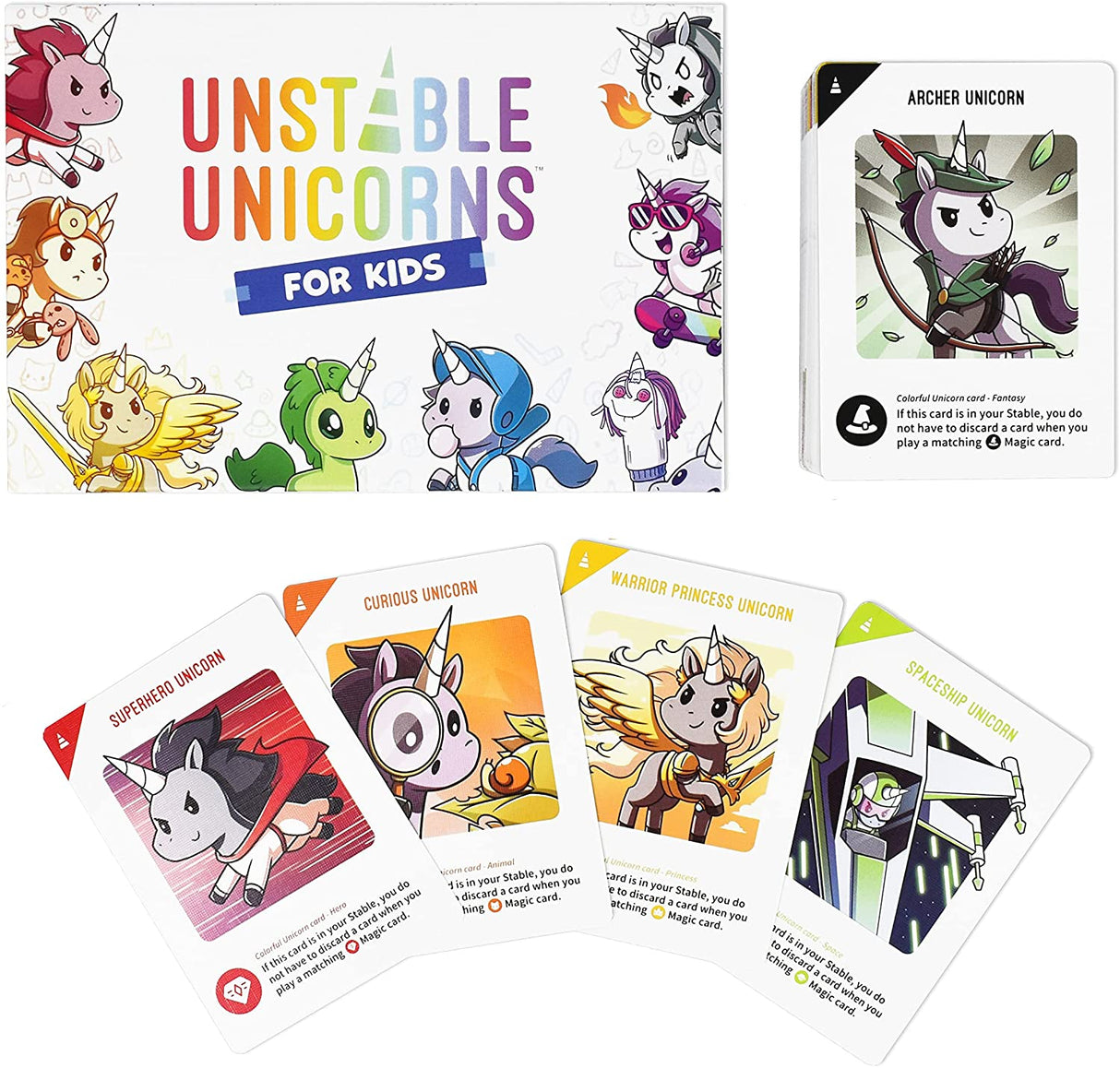 Unstable Unicorns Kids Edition game box and colorful character cards for ages 6+ with fun strategic gameplay.