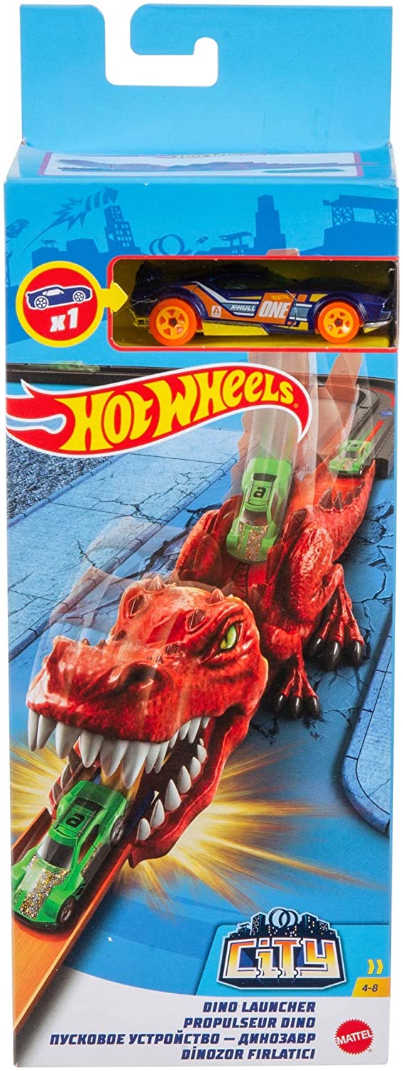 Hot Wheels Nemesis Launcher featuring a red T-rex car launcher with a green Hot Wheels car inside its mouth.