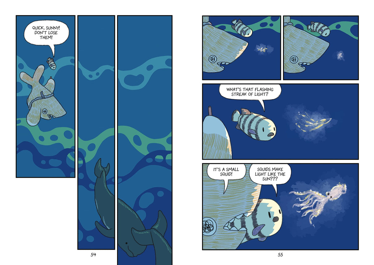 Surviving the Wild: Sunny the Shark graphic novel pages show underwater scenes with sharks and luminous squid.