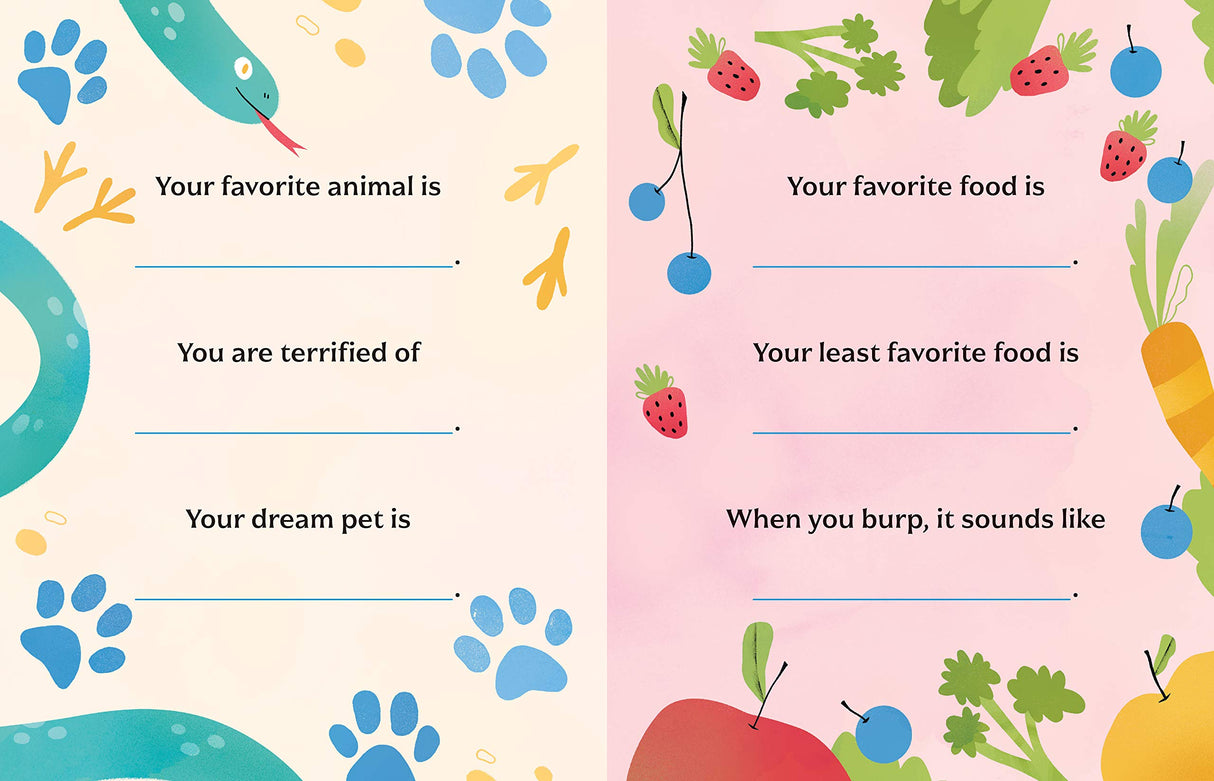 Pages from A Book About Dad showing fill-in prompts for favorite animal, food, and funny memories.