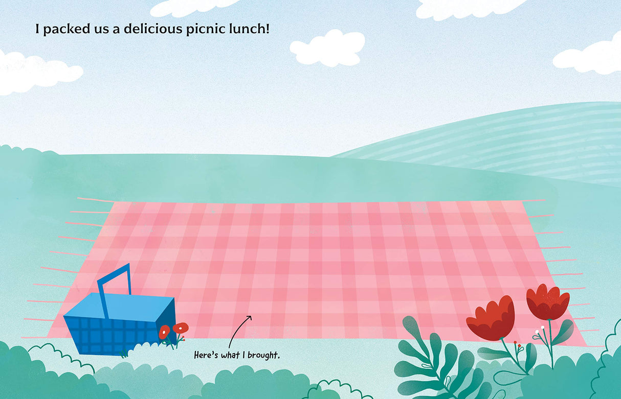 Illustration from A Book About Dad showing a picnic scene with a checkered blanket, basket, and flowers in a peaceful outdoor setting.
