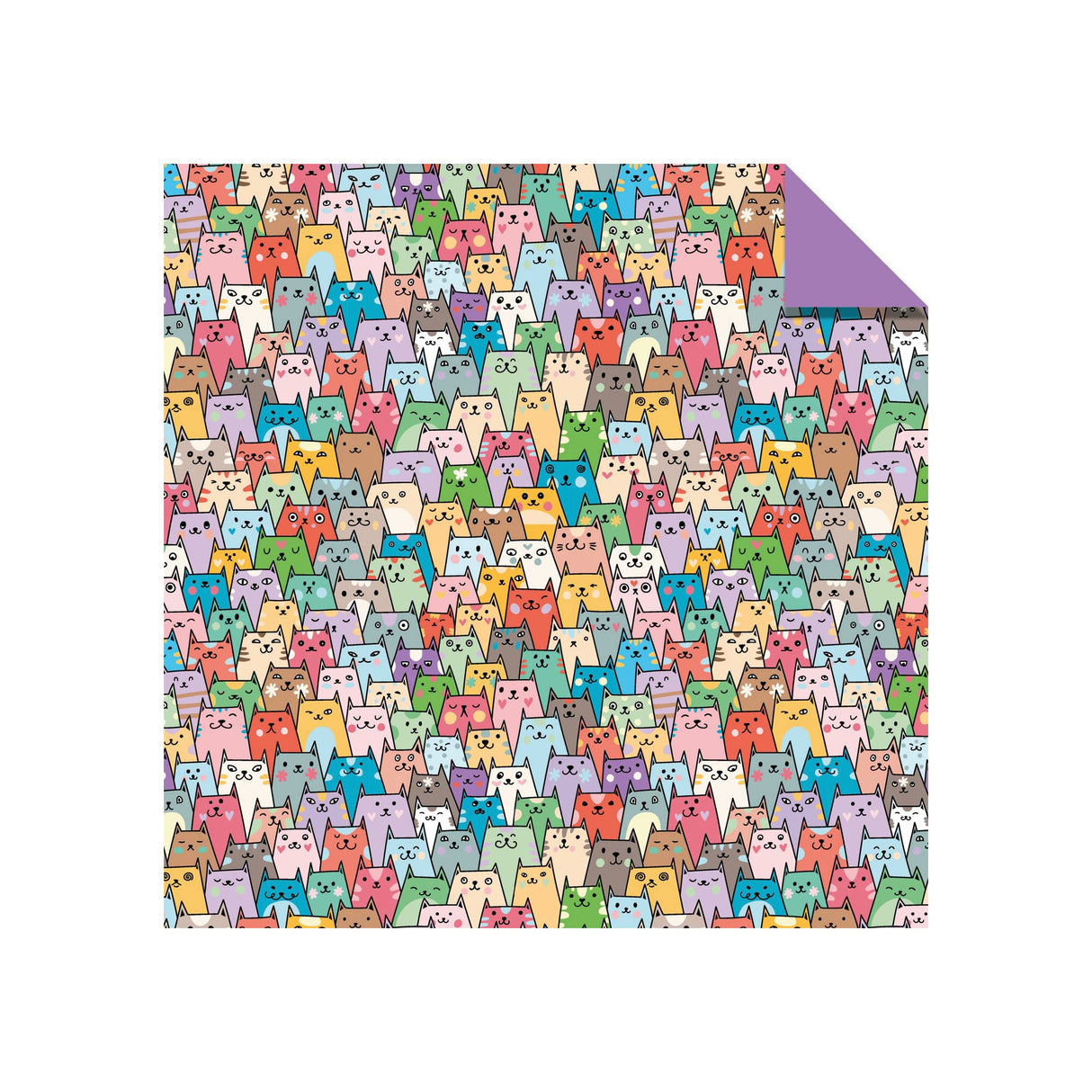 Origami Paper Cat Patterns sheet with colorful cat faces and a purple reverse side for creative origami projects.