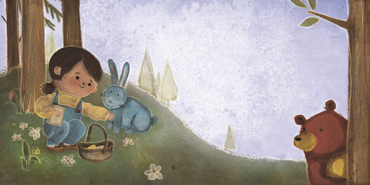 Illustration from Awasis and the World Famous Bannock showing Awasis with a blue rabbit and bear in a friendly forest scene.