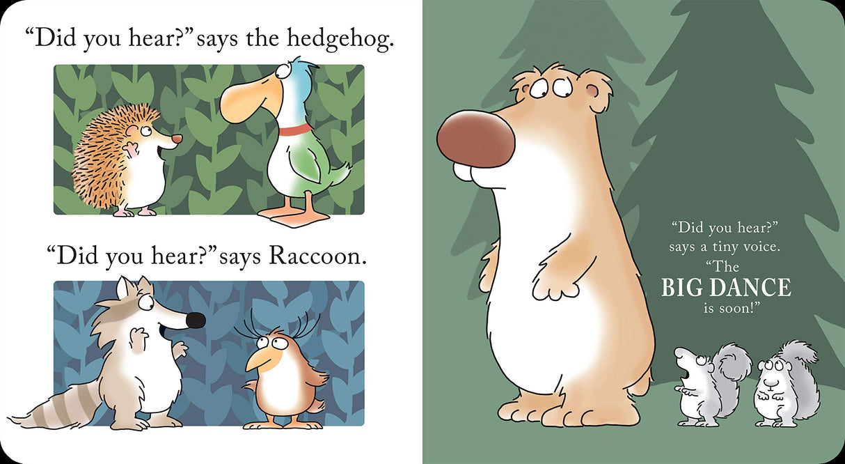 Woodland Dance features woodland animals like hedgehog, raccoon, and bear preparing for the big dance storybook scene.