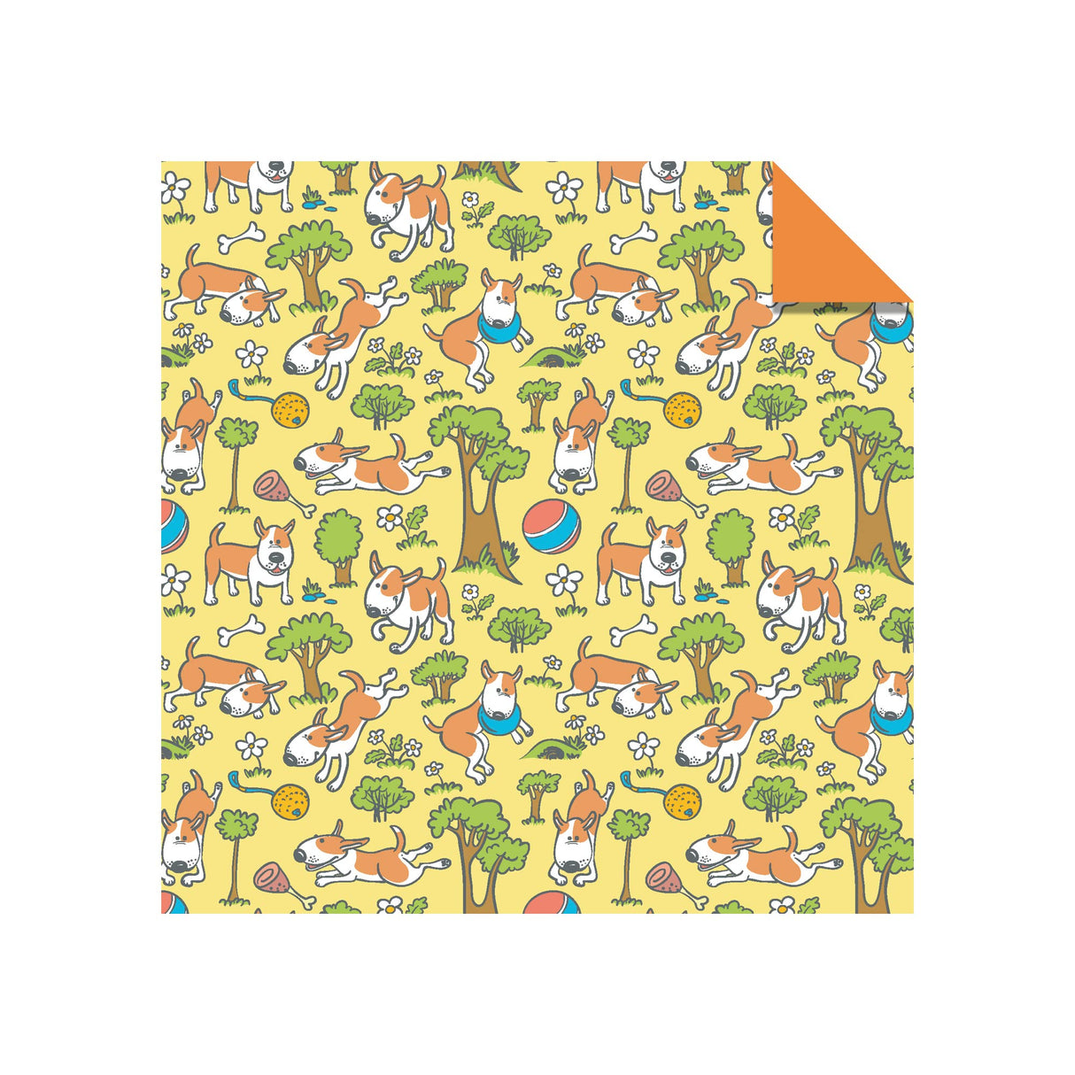 Origami Paper Dog Patterns sheet with playful dog illustrations, trees, and toys on a yellow background for creative origami projects.
