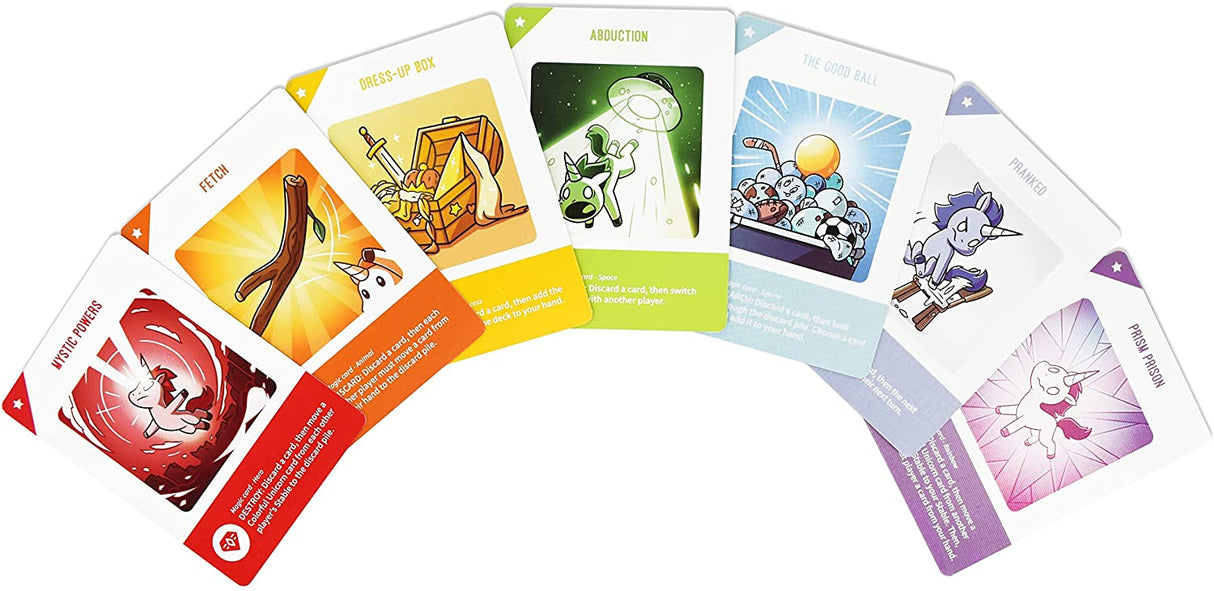 Unstable Unicorns Kids Edition colorful game cards displayed in a fan shape featuring playful unicorn illustrations.
