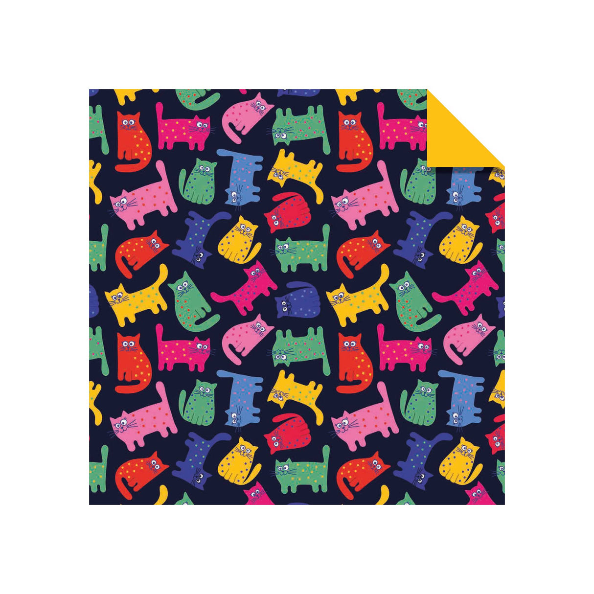 Origami Paper Cat Patterns sheet with colorful cat illustrations and coordinating yellow reverse for creative origami projects.