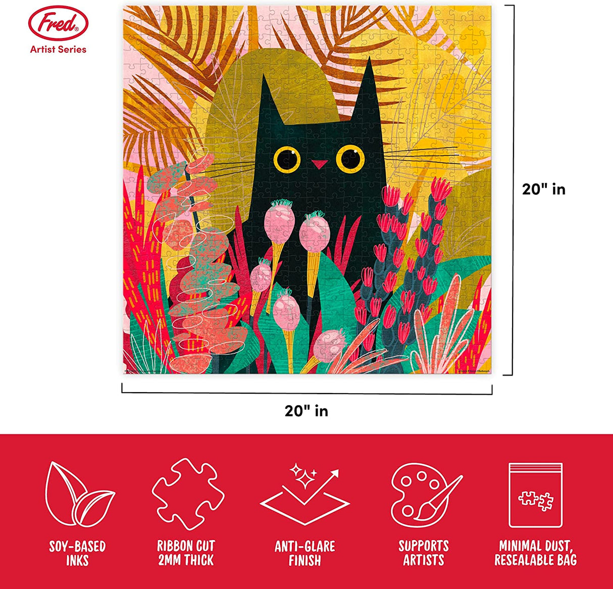 500pc Black Cat Puzzle featuring a black cat in colorful garden, ribbon-cut, soy-based inks, anti-glare finish.