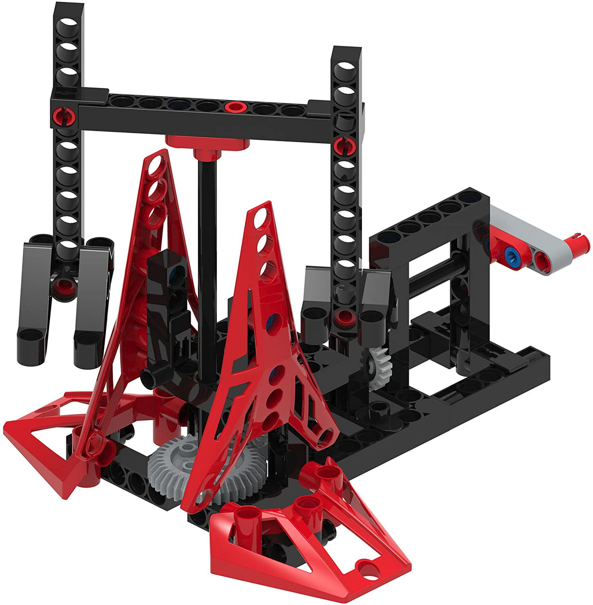 Geared Up Gadgets model showing gears and transmissions with black and red parts assembled for learning and building.