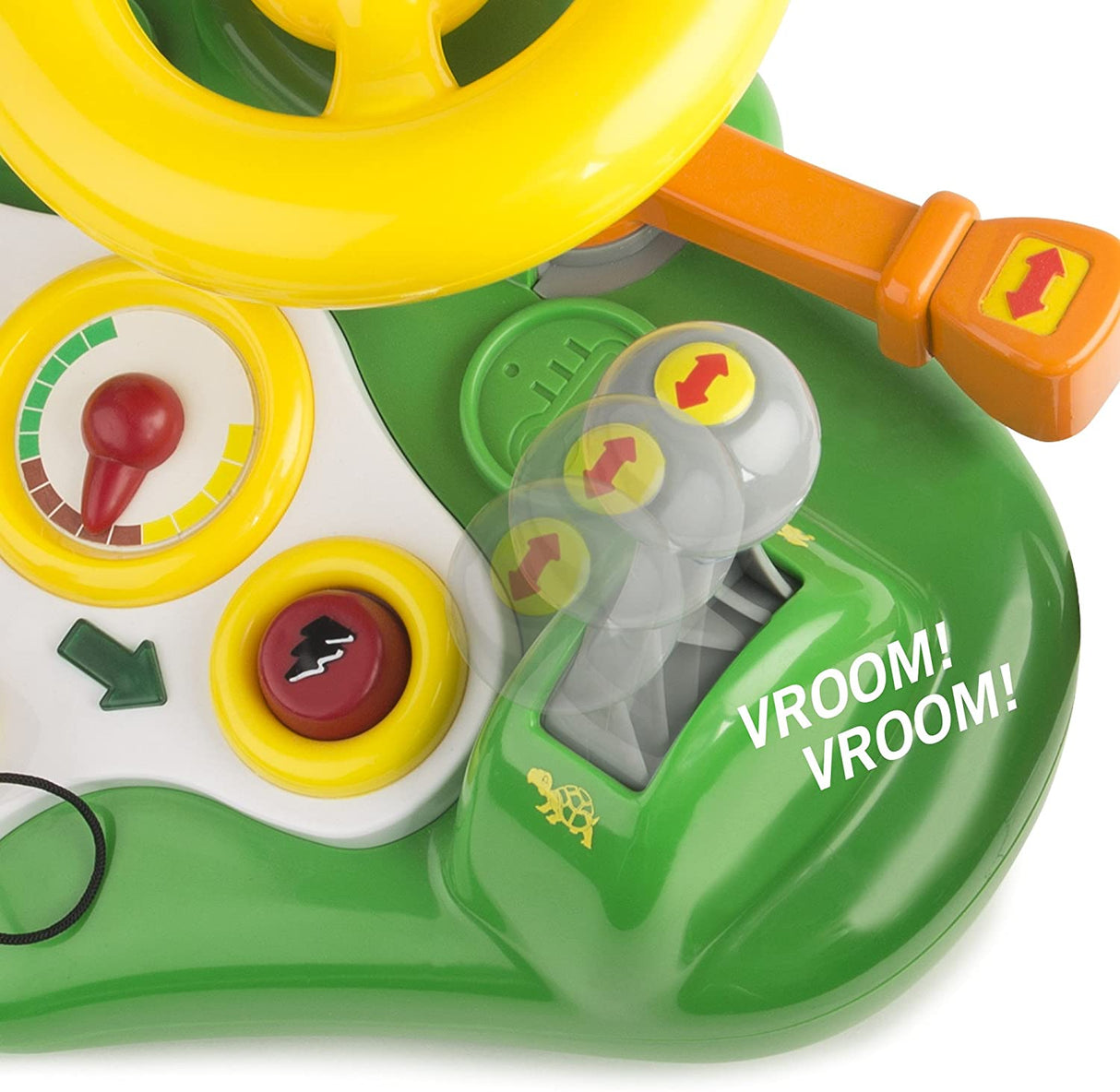 Close-up of the interactive steering and gear controls on the John Deere Busy Driver toy for kids ages 1+.