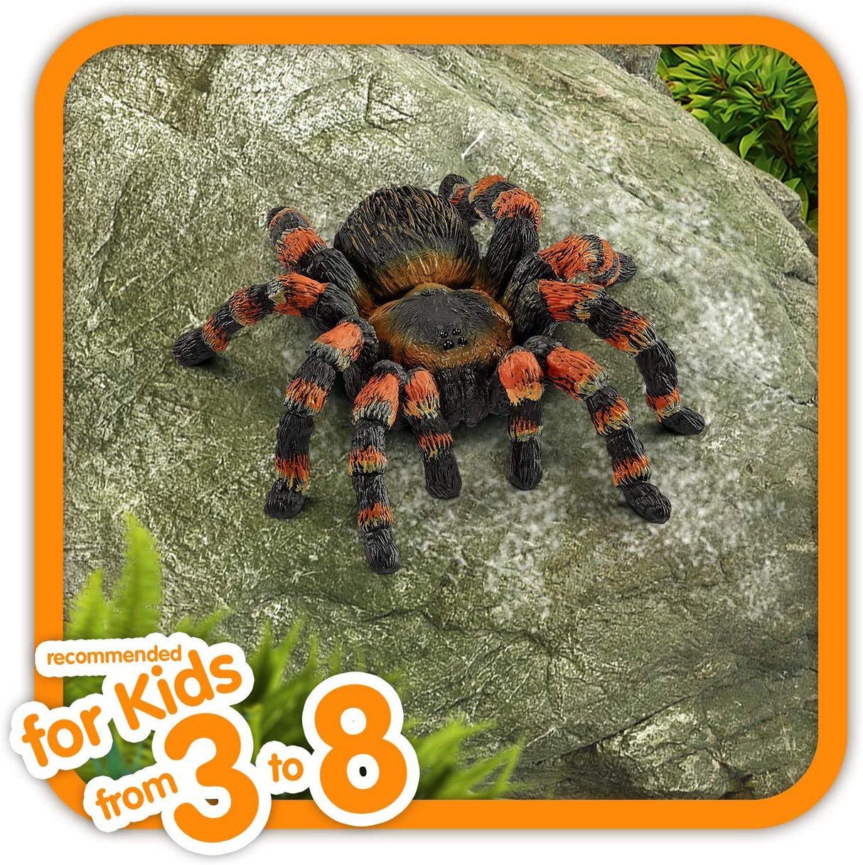 Tarantula toy figurine on rock, detailed and realistic, perfect for imaginative play for kids aged 3 to 8.