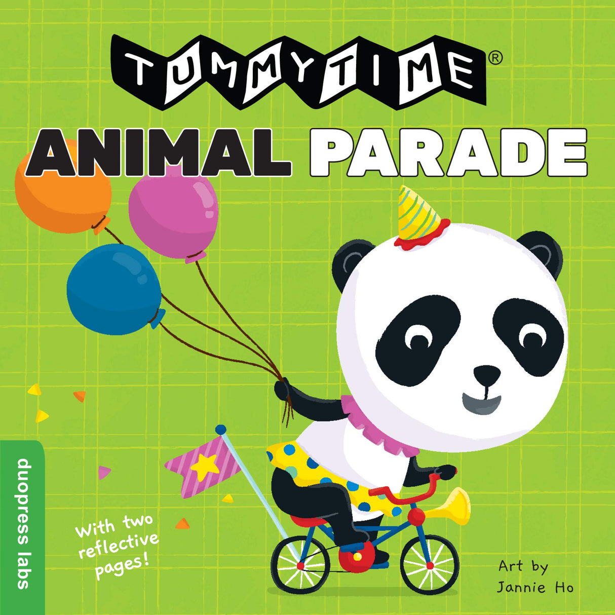 TummyTime Animal Parade board book cover featuring a panda on a bike with balloons on a green background.