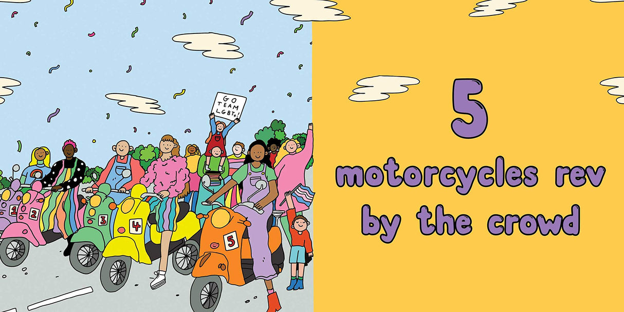 Pride 123 showing five colorful motorcycles revving at a vibrant Pride parade with diverse characters and supportive crowd.