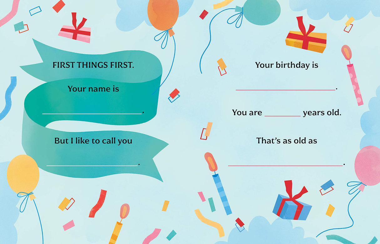 A colorful fill-in page from A Book About Dad with prompts for name, birthday, and age surrounded by balloons and gifts.