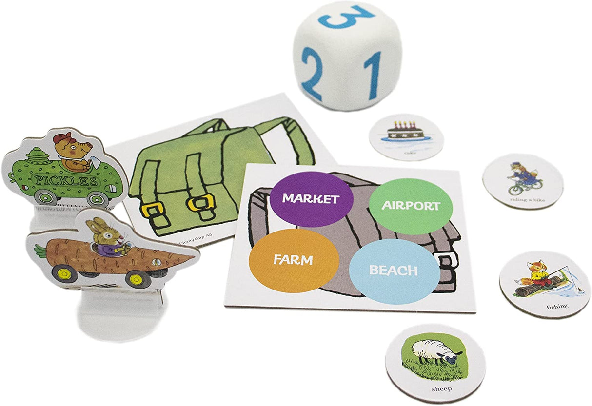 Richard Scarry's Busy Day Game pieces including jumbo die, vehicle pawns, cards, and game board components for kids.