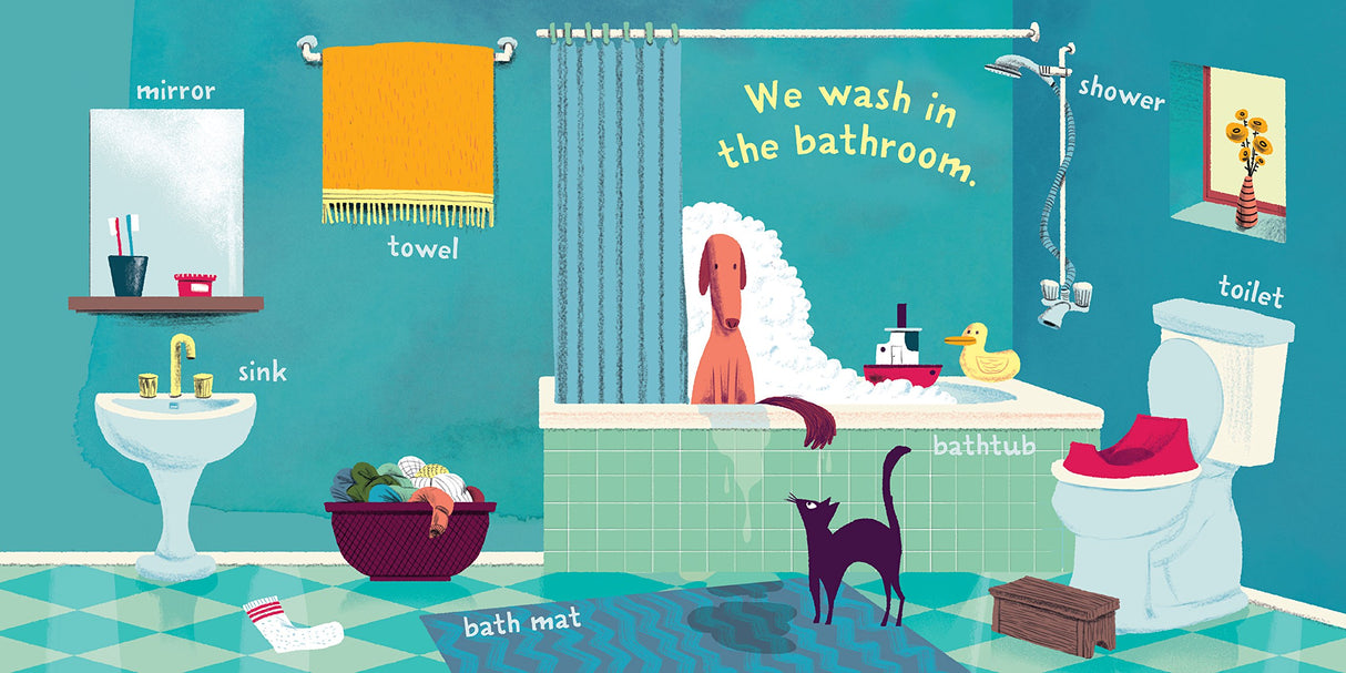 Illustration of a bathroom scene with labeled items for babies in Indestructibles: Home Sweet Home.