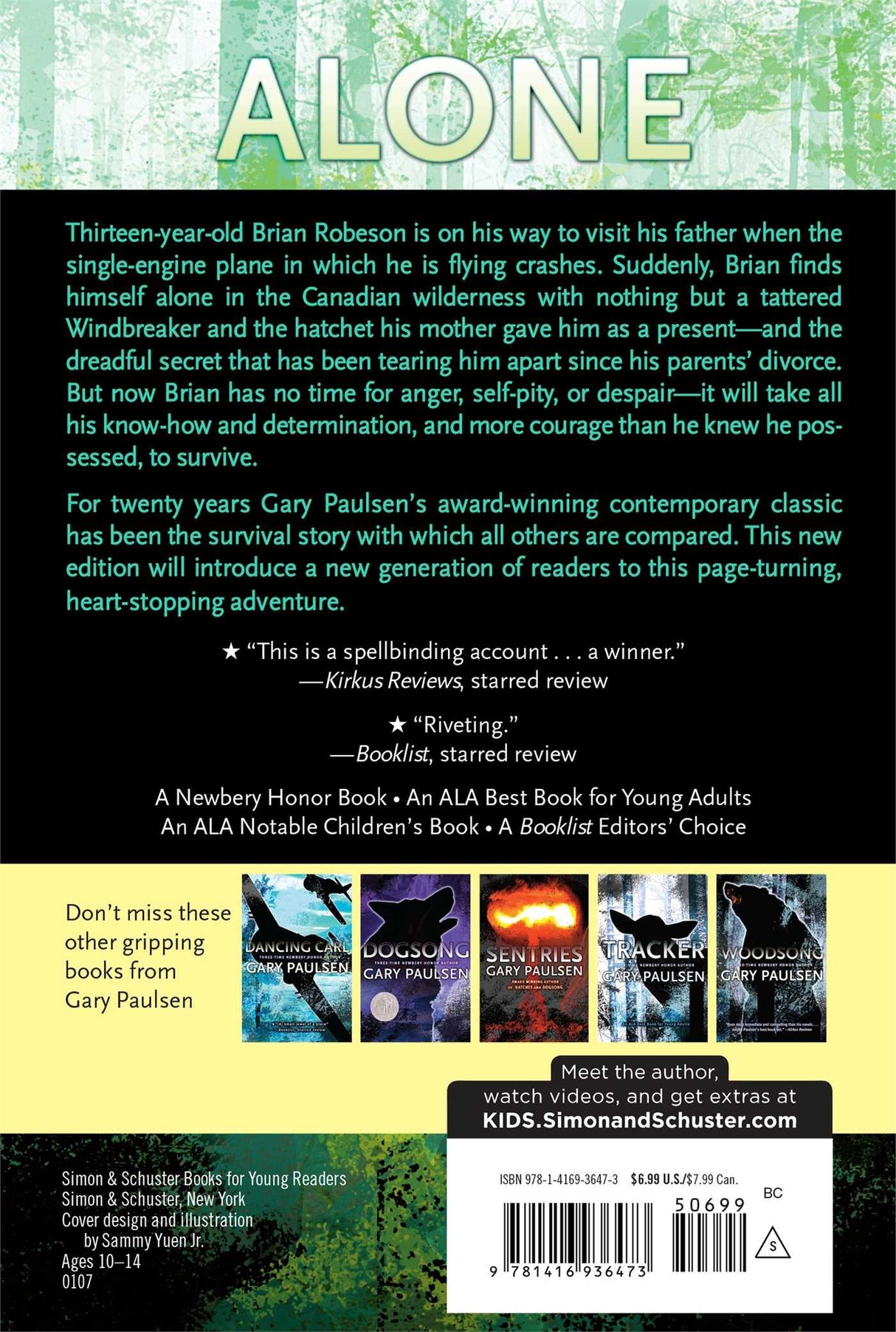 Back cover of Hatchet book showing summary of Brian's survival story in the Canadian wilderness.