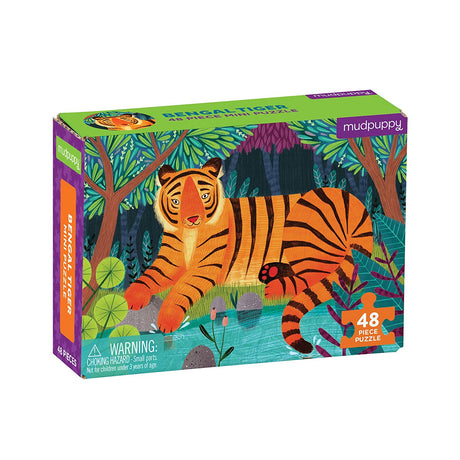 48pc Bengal Tiger Mini Puzzle featuring a colorful Bengal tiger in a jungle, perfect for kids and travel use.